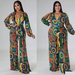 Goodtimeusa Multicolor Patterned Jumpsuit. Multi-patterned Plunge V-Neck. SizeXL